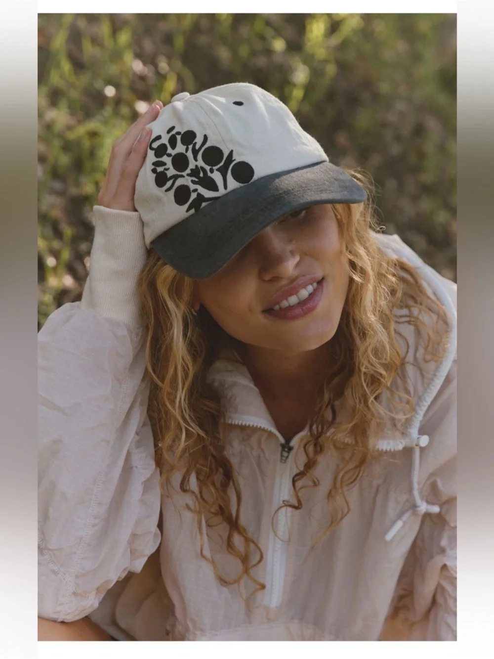 Free People Two-Tone Embroidered Floral Baseball Cap - Cream & navy and black